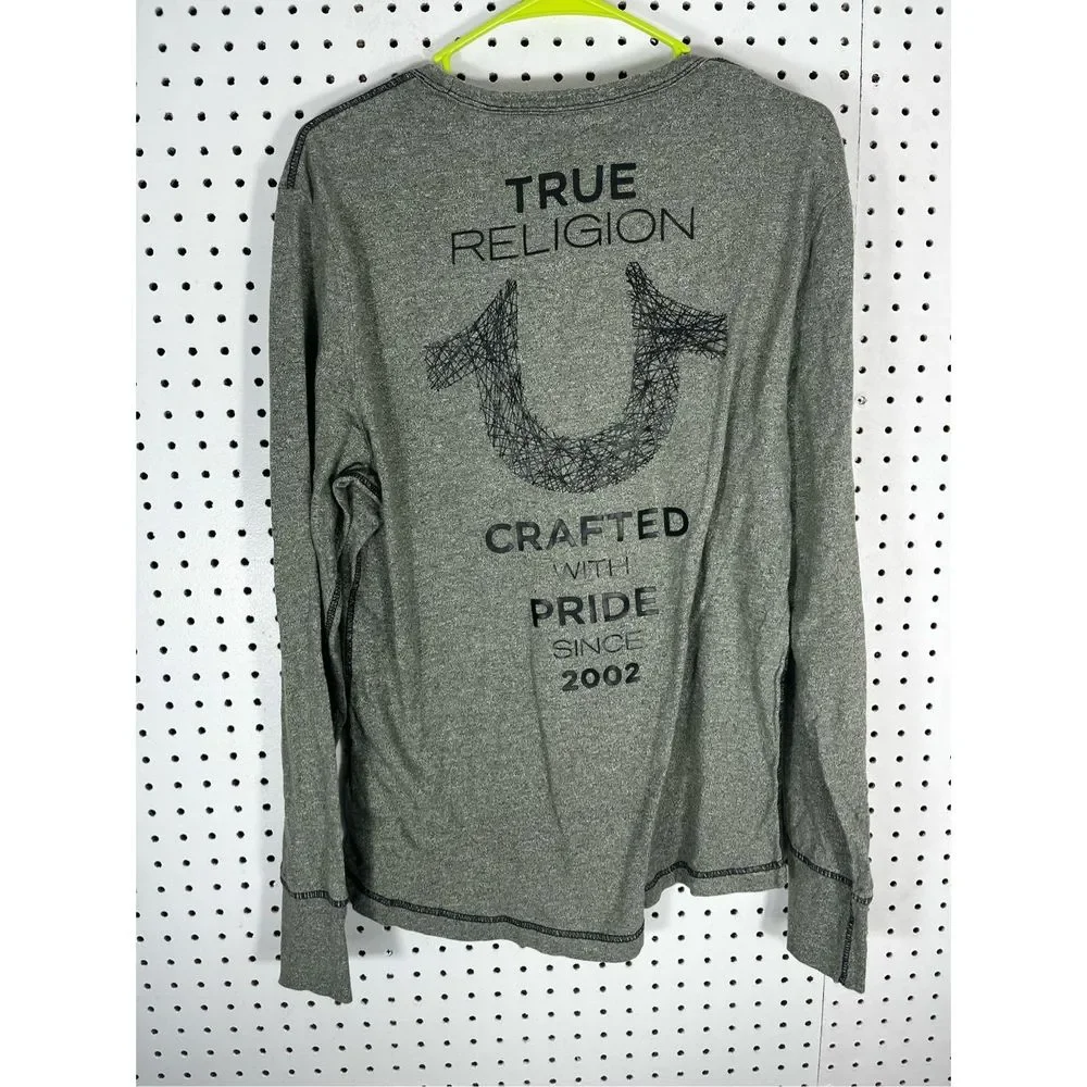 True Religion Men's Long Sleeve Shirt in Heather Gray with Black Logo